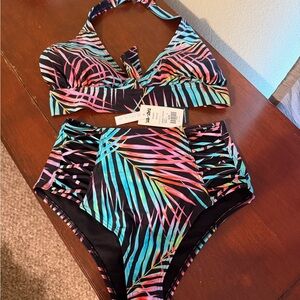 High-Waist Tropical Stripe Bikini Set - Black with Neon Palm Print